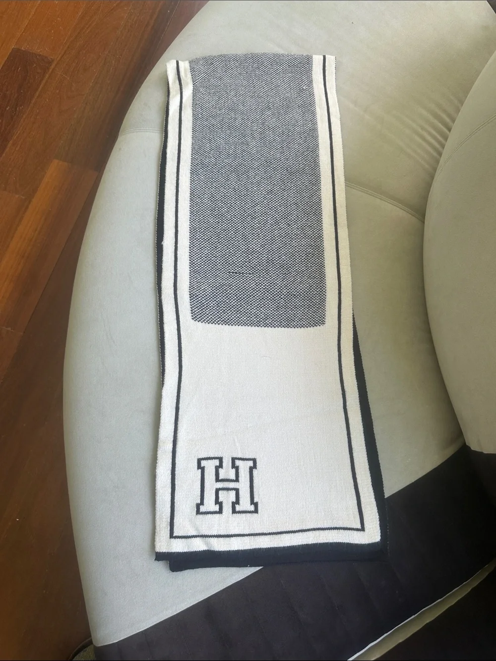 Black and White Scarf with Embroidered 'H'